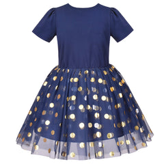 Girls Dress Golden Dot Crown Applique Dark Blue Tulle Short Sleeve Size 4-8 Years