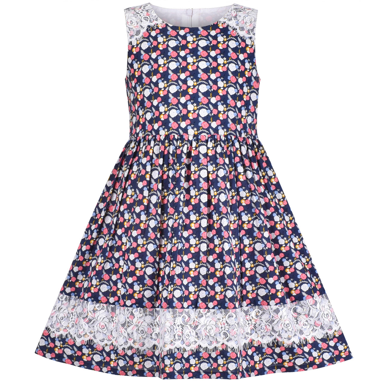 Girls Dress Vintage Floral Lace O Neck Sleeveless Bow Size 4-14 Years