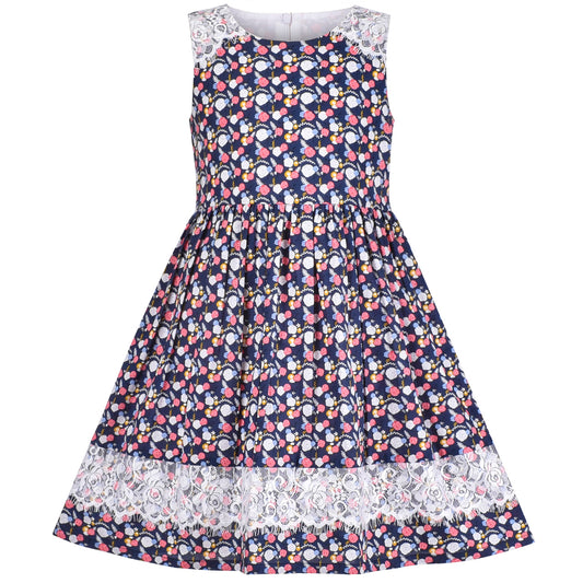 Girls Dress Vintage Floral Lace O Neck Sleeveless Bow Size 4-14 Years