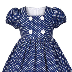 Girls Dress White Polka Dot Square Neck Button Puff Sleeve Vintage Size 4-8 Years