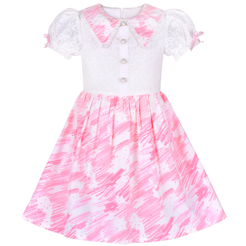 Girls Dress Pearl Button Pink Pointy Collar Lace Puff Sleeve Size 7-14 Years