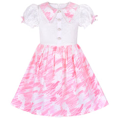 Girls Dress Pearl Button Pink Pointy Collar Lace Puff Sleeve Size 7-14 Years