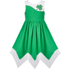 Girls Dress Hanky Hem Green Four Leaf Clover Sleeveless Sundress Size 6-12 Years