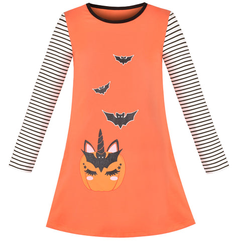 Girls Tee Dress Halloween Unicorn Bat Stripe Long Sleeve Size 3-8 Years
