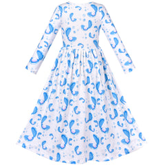 Girls Dress Maxi Dress Long Sleeve 3D Seashell Pearl Blue Size 4-8 Years