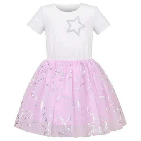 Girls Dress Cotton T Top Tulle Skirt Silver Glitter Star Short Sleeve Size 4-8 Years
