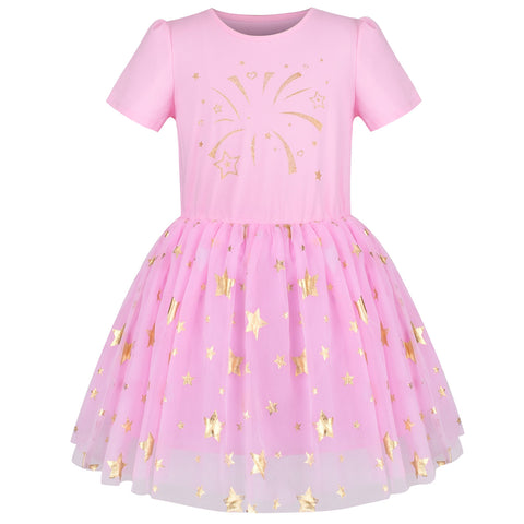Girls Dress Cotton Top Pink Gold Firework O Neck Short Sleeve Size 4-8 Years