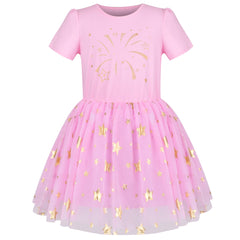Girls Dress Cotton Top Pink Gold Firework O Neck Short Sleeve Size 4-8 Years