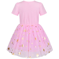 Girls Dress Cotton Top Pink Gold Firework O Neck Short Sleeve Size 4-8 Years