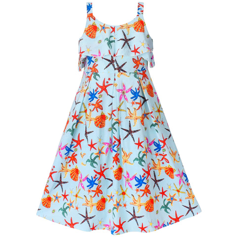 Girls Dress Starfish Sea Shell Spaghetti Multicolor Sleeveless Size 7-14 Years