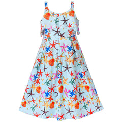 Girls Dress Starfish Sea Shell Spaghetti Multicolor Sleeveless Size 7-14 Years