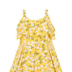 Girls Dress Suspender Chiffon Yellow Floral Ruffle Sundress Sleeveless Size 7-14 Years