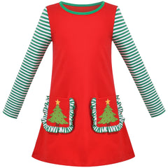 Girls Dress Red Christmas Tree Ruffle Big Pocket Stripe Long Sleeve Size 4-8 Years