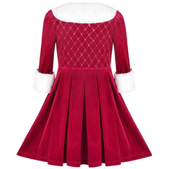 Girls Dress Burgundy Velvet Christmas Holiday Faux Fur Luxury Party Dress Size 4-10 Years
