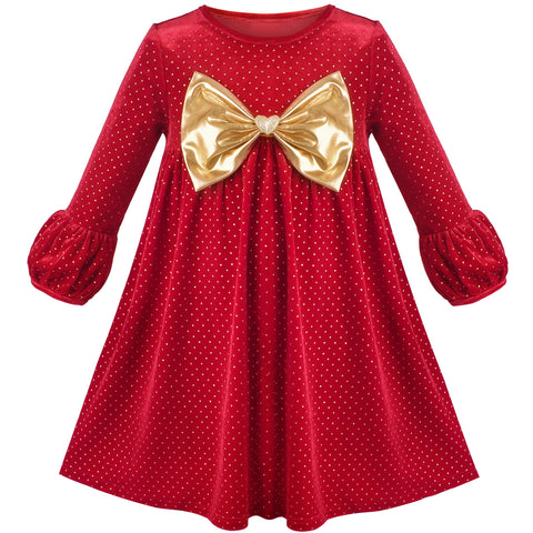Girls Dress Red Christmas Gold Bow Tie Bell Sleeve Velvet Holiday Party Size 4-8 Years