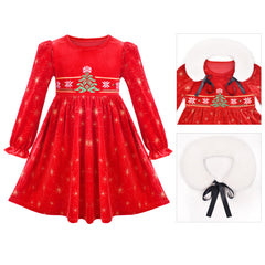 Girls Dress Christmas Red Velvet Embroidery Long Sleeve Removable Collar Size 4-10 Years