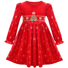 Girls Dress Christmas Red Velvet Embroidery Long Sleeve Removable Collar Size 4-10 Years