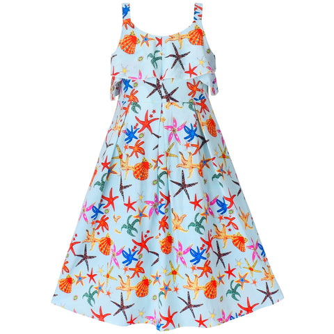 Girls Dress Starfish Sea Shell Multicolor Sleeveless Ocean Beach Size 6-12 Years