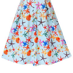 Girls Dress Starfish Sea Shell Multicolor Sleeveless Ocean Beach Size 6-12 Years