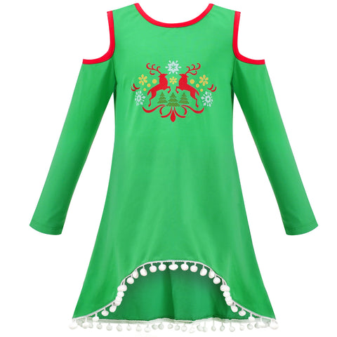 Girls Dress Off Shoulder Christmas Reindeer Pompom Hi-lo Long Sleeve Size 3-8 Years