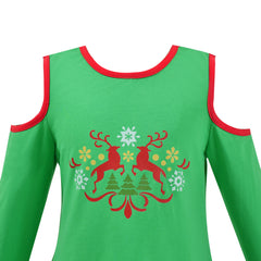 Girls Dress Off Shoulder Christmas Reindeer Pompom Hi-lo Long Sleeve Size 3-8 Years