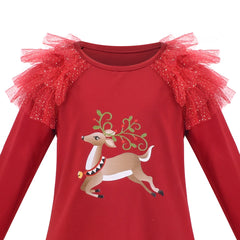 Girls Dress Christmas Red Reindeer O-neck Flare Long Sleeve Size 3-8 Years
