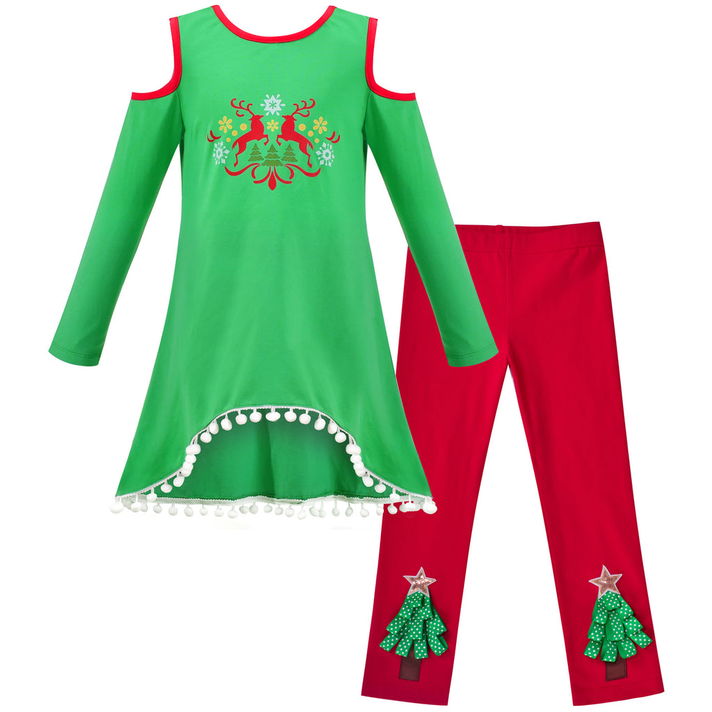 Girls Dress Legging Christmas Set 3D Christmas Tree Long Sleeve