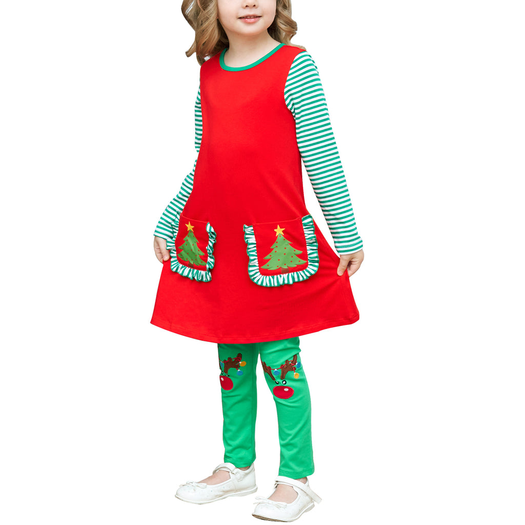 Girls Outfit Set Christmas Tree Big Pocket Stripe Reindeer – Sunny Fashion