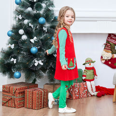 Girls Outfit Set Christmas Tree Big Pocket Stripe Reindeer Size 4-6 Years