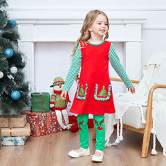 Girls Outfit Set Christmas Tree Big Pocket Stripe Reindeer Size 4-6 Years