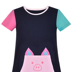 Girls Dress T-Shirt Cotton Color Contrast Piggy Pocket Short Sleeve Size 3-8 Years