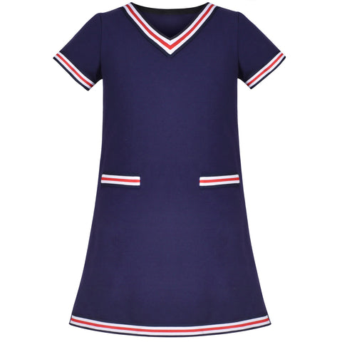 Girls Dress Back School Navy Blue School Uniform Short Sleeve Size 6-12 Years