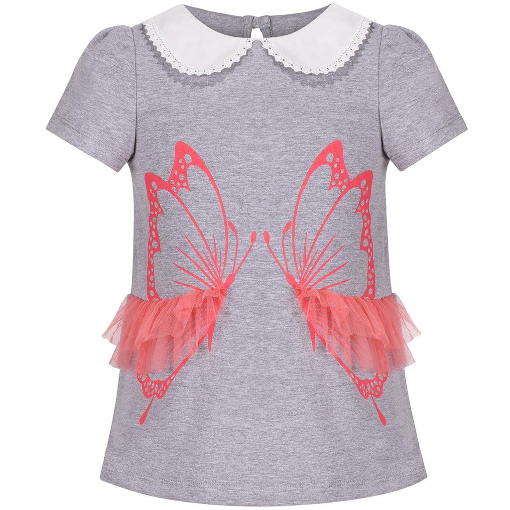 Girls Short Sleeve Tee T-Shirt Gray Butterfly Peter Pan Collar Cotton Size 4-10 Years