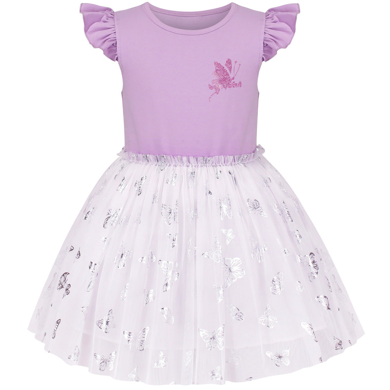 Girls Dress Purple Ruffle Sleeve Butterfly Sparkling Skirt Party Size 4-8 Years