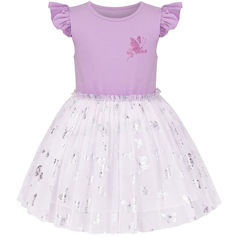 Girls Dress Purple Ruffle Sleeve Butterfly Sparkling Skirt Party Size 4-8 Years