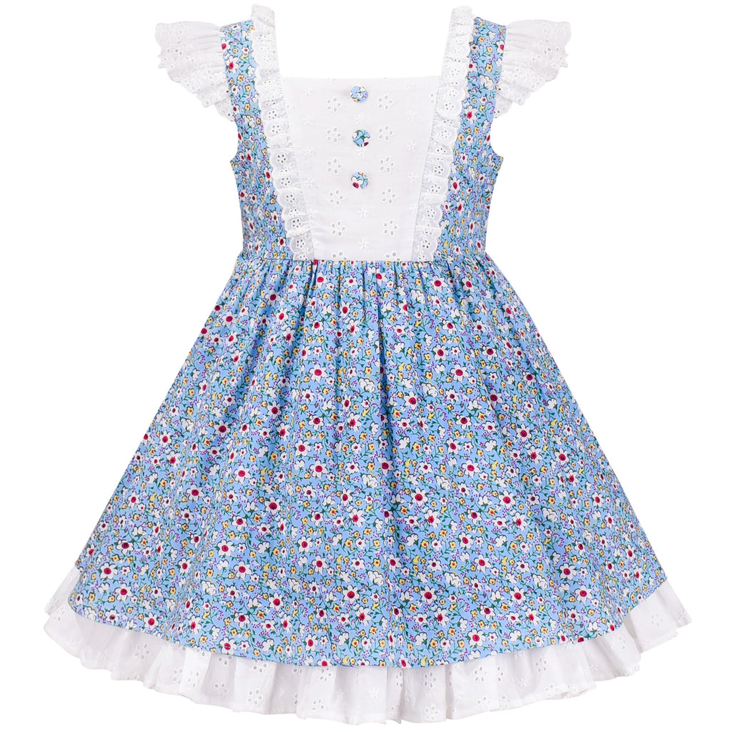 Girls Dress Blue And White Floral Vintage Ruffle Sleeve Size 4-8 Years