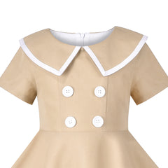 Girls Dress Beige Short Sleeve Collar Button Front School Uniform Size 6-12 Years