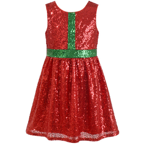 Girl Dress Christmas Red Green Sparkling Sequin Flare Cut Back New Year Size 4-8 Years