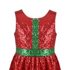 Girl Dress Christmas Red Green Sparkling Sequin Flare Cut Back New Year Size 4-8 Years