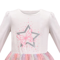 Girls Dress White Glitter Star Butterfly Multicolor Sequin Long Sleeve Size 5-10 Years