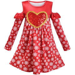 Girls Dress Red Off Shoulder Snow Flakes Heart Valentine's Day Size 4-8 Years