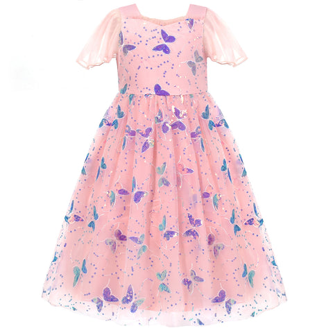 Flower Girls Dress Tulle Pink Sequin Butterfly Flutter Sleeve Party Size 6-12 Years