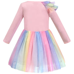 Girls Dress Tulle Skirt Pink Rainbow Unicorn Star Cotton Long Sleeve Size 4-8 Years