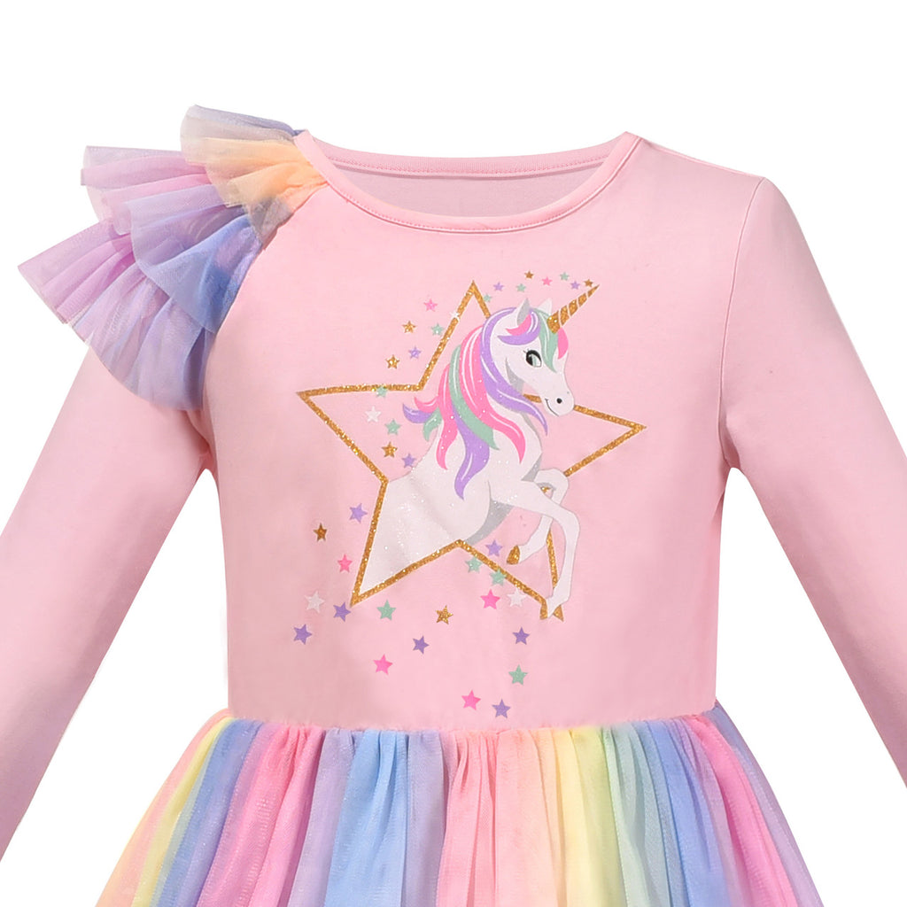 Girls Dress Tulle Skirt Pink Rainbow Unicorn Star Cotton Long Sleeve –  Sunny Fashion