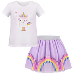 Girls Skirt Set 2 Piece Tee Tulle Skirt Rainbow Sequin Unicorn Size 4-10 Years