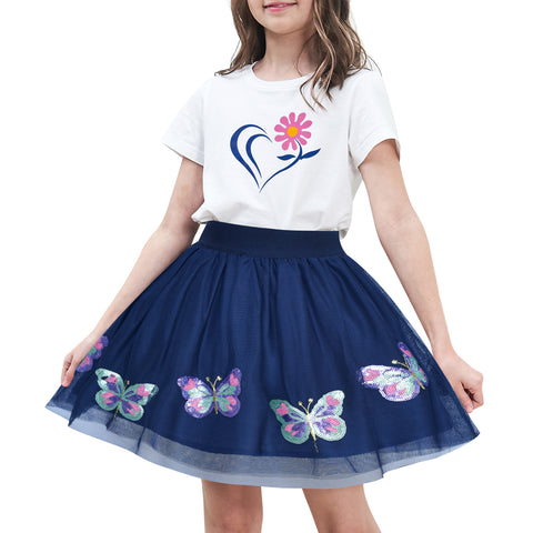 Girls Skirt White T-shirt Tutu Sequin Butterfly 2 Piece Short Sleeve Size 4-10 Years