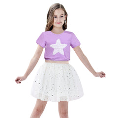 Girls Skirt Set Tee Shirt Ruffle Star Sequin White Tutu Short Sleeve Size 4-10 Years