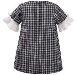 Girls Dress Cotton Black White Plaid Lace O-neck Flare Short Sleeve Size 3-7 Years