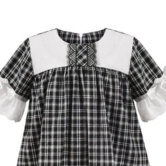 Girls Dress Cotton Black White Plaid Lace O-neck Flare Short Sleeve Size 3-7 Years