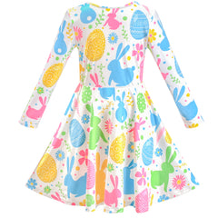 Girls Dress Easter Egg Bunny Rabbit Flower Multicolor Long Sleeve Size 5-10 Years